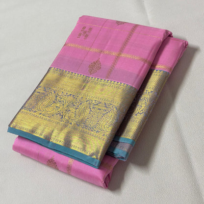 LIGHT ROSE PINK & DUAL TONE BLUE CHECKERED GOLD ZARI PURE KANCHIPURAM HANDLOOM SILK SAREE KSC 04