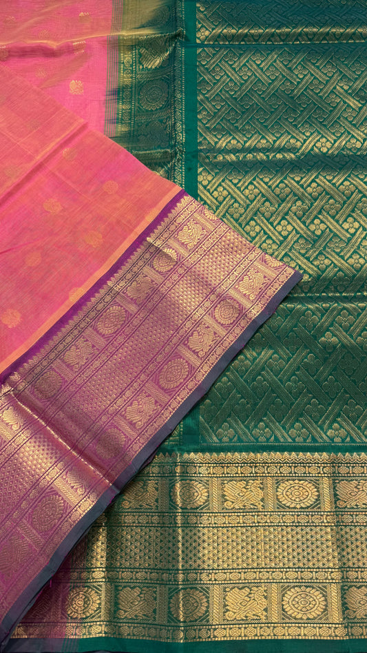 PEACH PINK WITH CONSTRAST GREEN KANCHIPURAM SILK COTTON (KSC05)