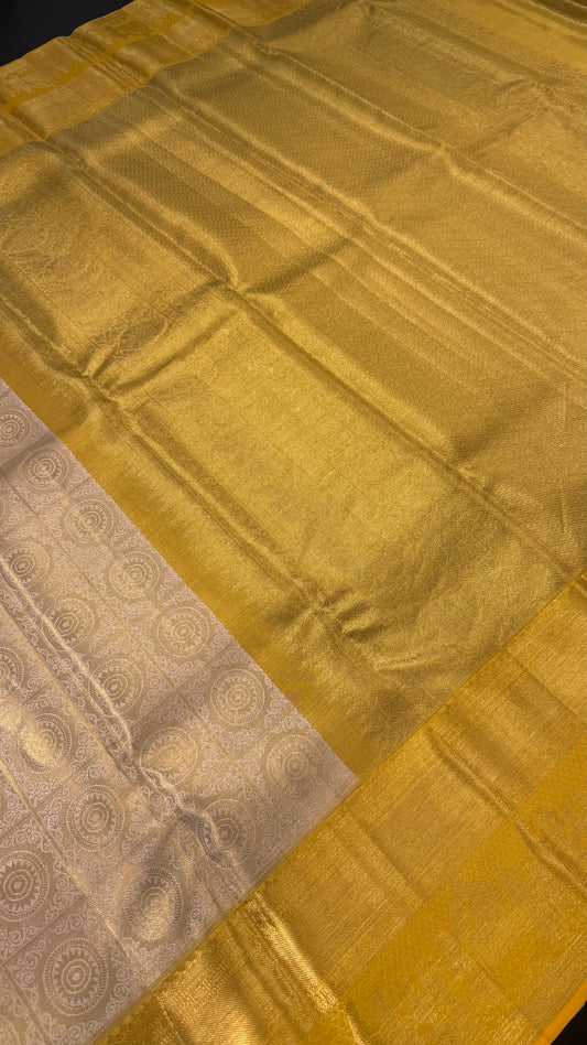 GOLDEN WITH CONTRAST MUSTARD FULL ZARI HANDLOOM KANCHIPURAM SILK SAREE (KSS443)