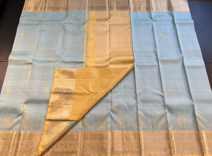 POWDER BLUE CONTRAST LIGHT YELLOW KANCHIPURAM HANDLOOM SILK SAREE