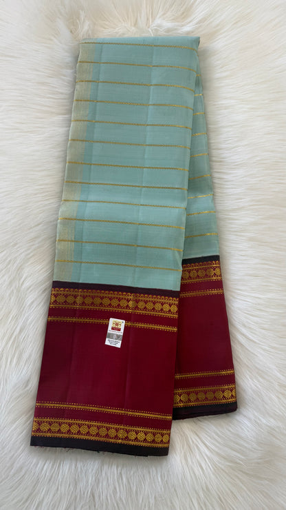 TRADITIONAL TIFFANY BLUE WITH CONTRAST MAROON RETTAI PETTA GOLD ZARI HANDLOOM KANICHIPURAM SILK SAREE (KSS262)