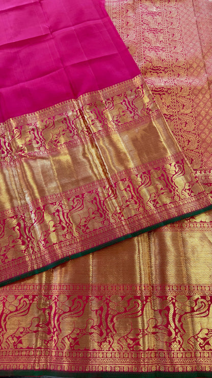 DUAL TONE PINK CHECKED GOLD ZARI HANDLOOM KANICHIPURAM SILK SAREE (KSS274)