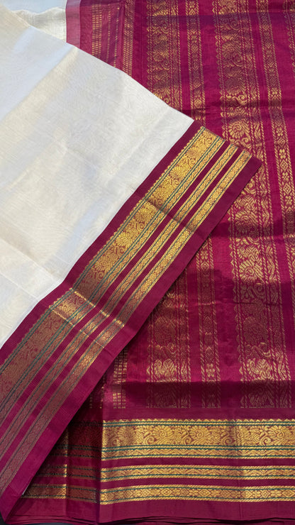 OFF WHITE WITH MAROON HANDLOOM KANCHIPURAM SILK COTTON (KSC106)