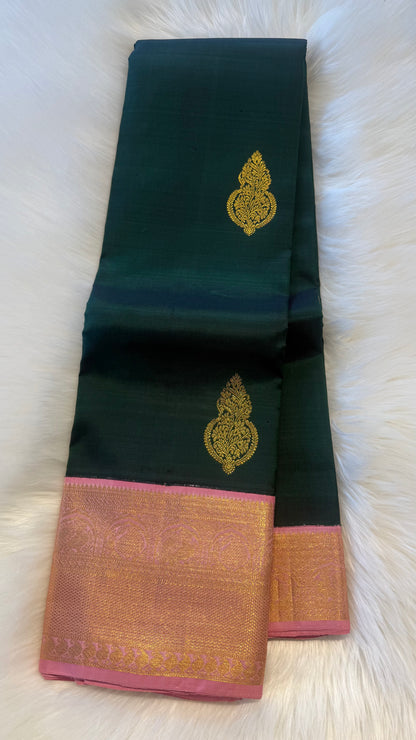 BOTTLE GREEN CONTRAST WITH BABY PINK PURE HANDLOOM KANCHIPURAM SIL SAREE (KSS 500)