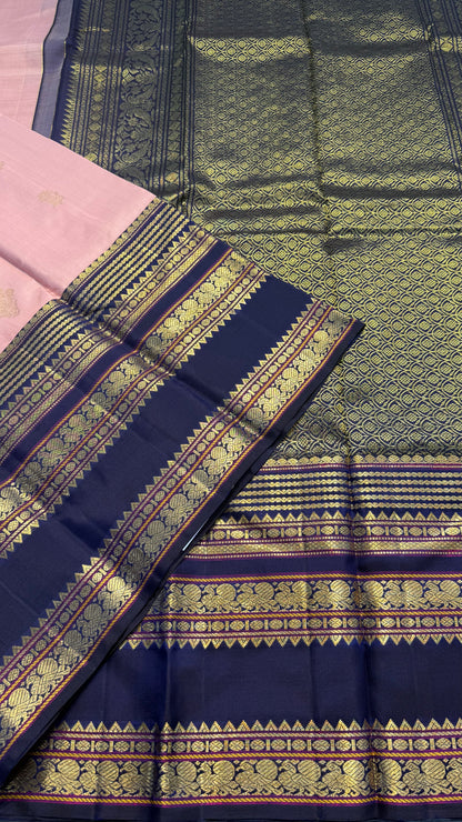 NUDE PINK WITH CONTRAST DEEP BLUE GOLD ZARI HANDLOOM KANICHIPURAM SILK SAREE (KSS128)