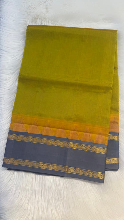DUAL TONE OLIVE GREEN WITH GREY TRADITIONAL RETTAI PETTA BORDER HANDLOOM KANCHIPURAM SILK COTTON (KSC42)