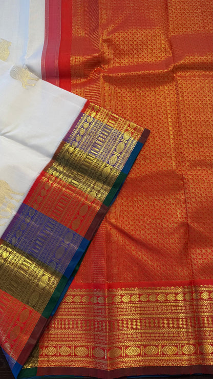 OFF WHITE WITH CONTRAST MULTICOLOR BORDER GOLD ZARI HANDLOOM KANCHIPURAM SILK SAREE (KSS301)