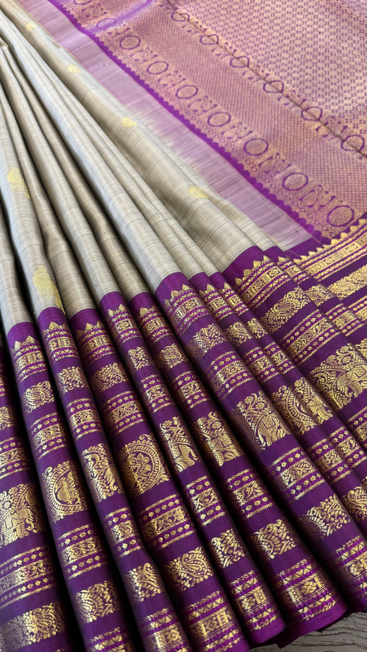 DUAL TONE TAUPRE GREY WITH CONTRAST PURPLE GOLD ZARI HANDLOOM KANICHIPURAM SILK SAREE (KSS211)