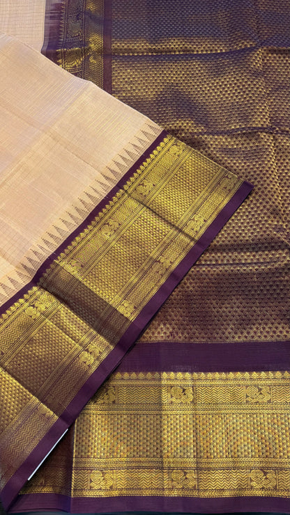 CHECKED PEACH WITH DARK PURPLE HANDLOOM KANCHIPURAM SILK COTTON (KSC142)