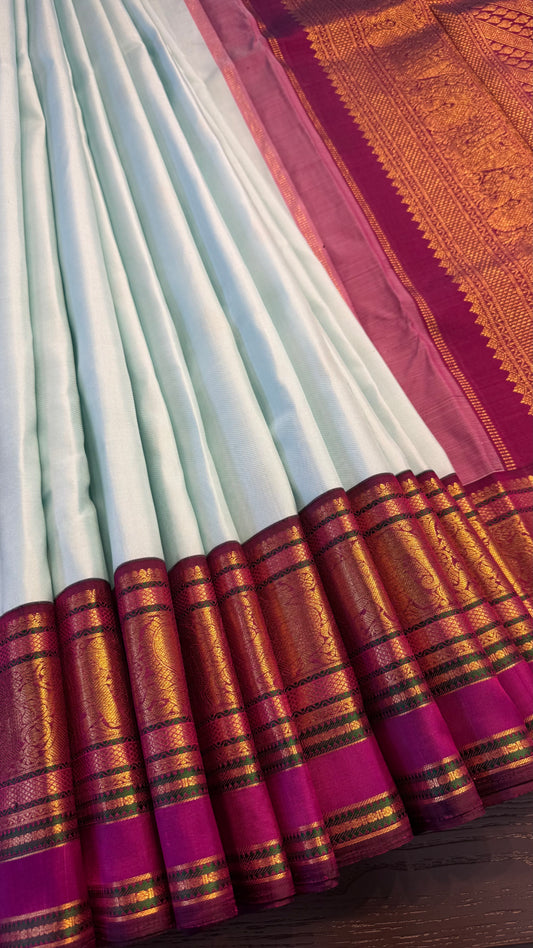 SKY BLUE WITH CONTRAST VADAMALLI PURPLE GOLD ZARI HANDLOOM KANCHIPURAM SILK SAREE (KSS296)