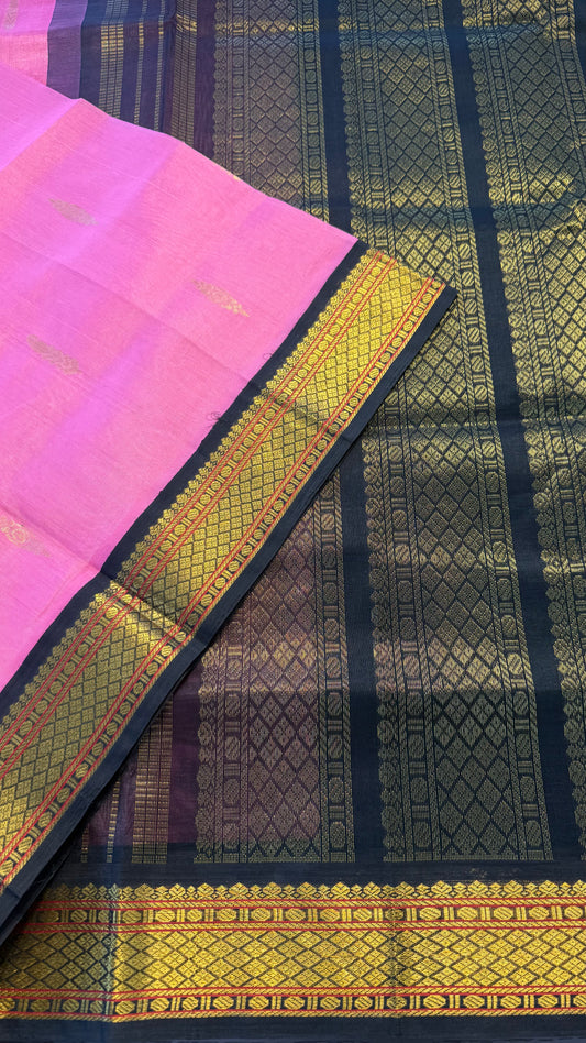 PINK WITH CONTRAST BLACK KANCHIPURAM SILK COTTON SAREE (KSC09)