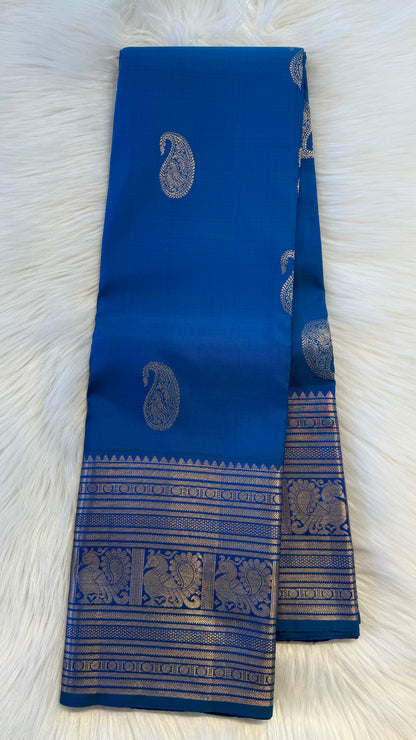 PEACOCK BLUE GOLD ZARI HANDLOOM KANCHIPURAM SILK SAREE (KSS303)