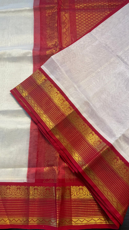 OFF WHITE WITH CONTRAST RED KANCHIPURAM SILK COTTON (KSC119)