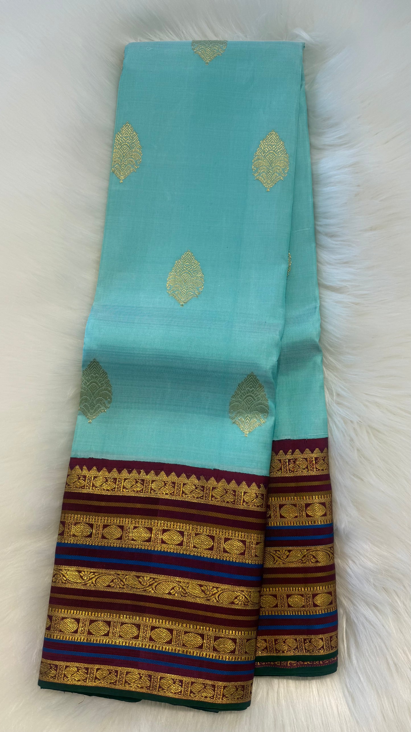 TURQUOISE BLUE WITH CONTRAST PURPLE GOLD ZARI HANDLOOM KANCHIPURAM SILK SAREE (KSS299)