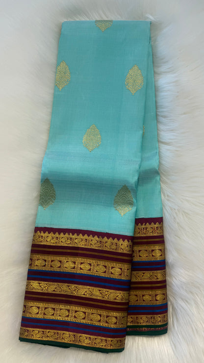 TURQUOISE BLUE WITH CONTRAST PURPLE GOLD ZARI HANDLOOM KANCHIPURAM SILK SAREE (KSS299)