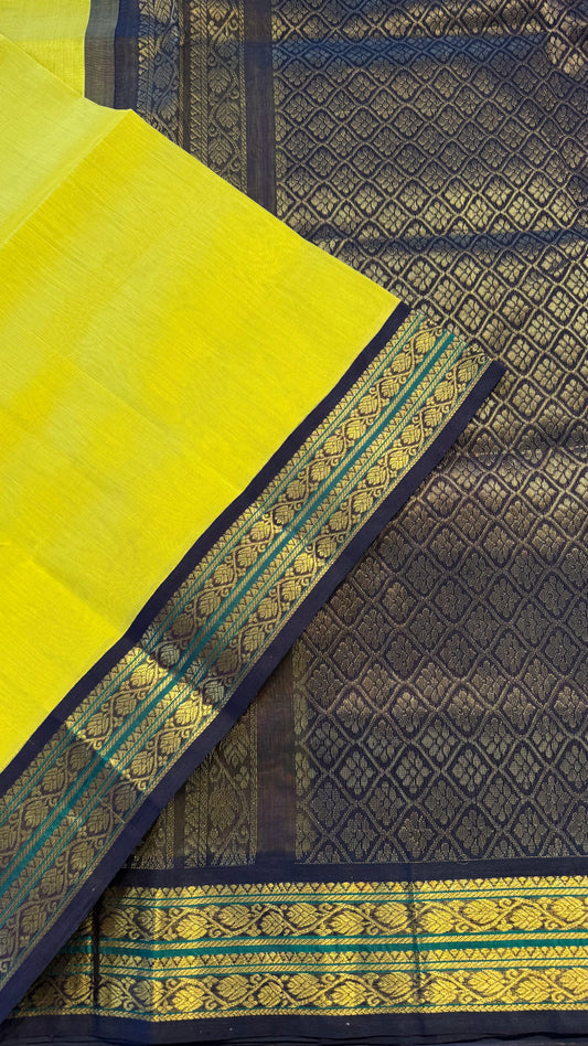 GOLDEN YELLOW WITH DARK BROWN HANDLOOM KANCHIPURAM SILK COTTON (KSC63)