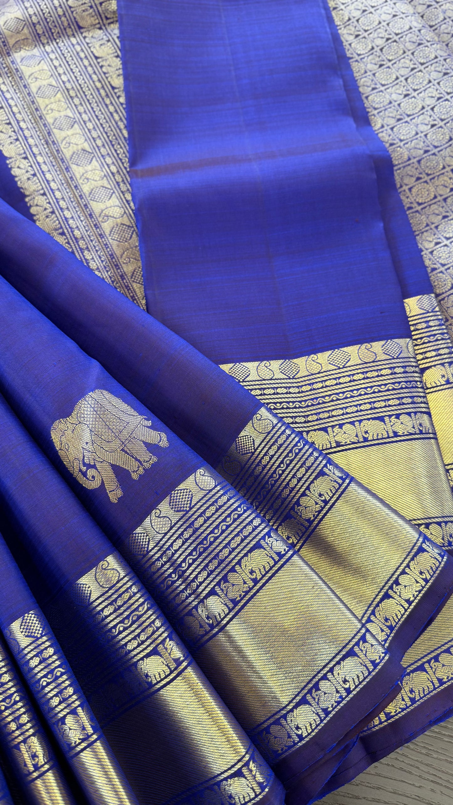 ELEPHANT DUAL TONE BLUE & PURPLE BORDER HANDLOOM KANICHIPURAM SILK SAREE (KSS166)