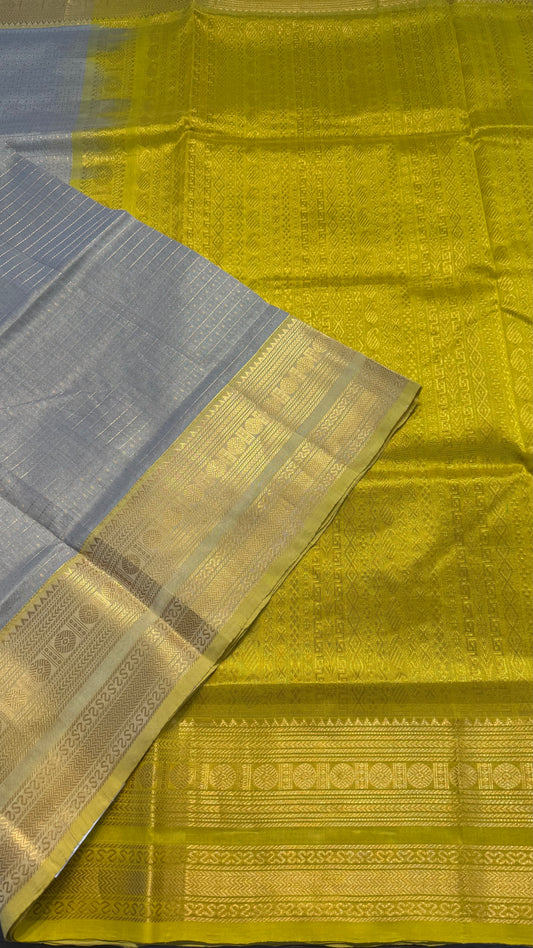 LAKSHA DEEPAM ASH GREY WITH YELLOW HANDLOOM KANCHIPURAM SILK COTTON (KSC56)