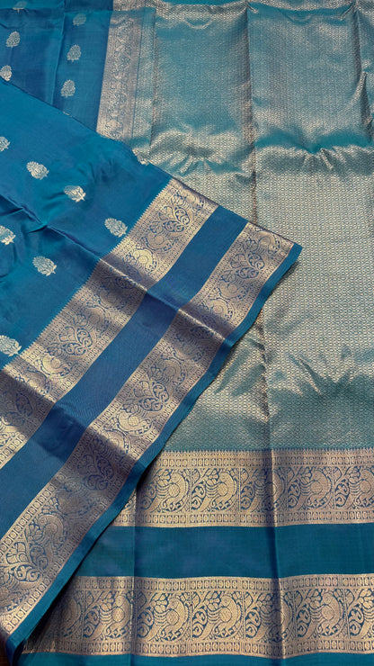 TRADITIONAL BLUE RETTAI PETTA GOLD ZARI HANDLOOM KANICHIPURAM SILK SAREE (KSS270)