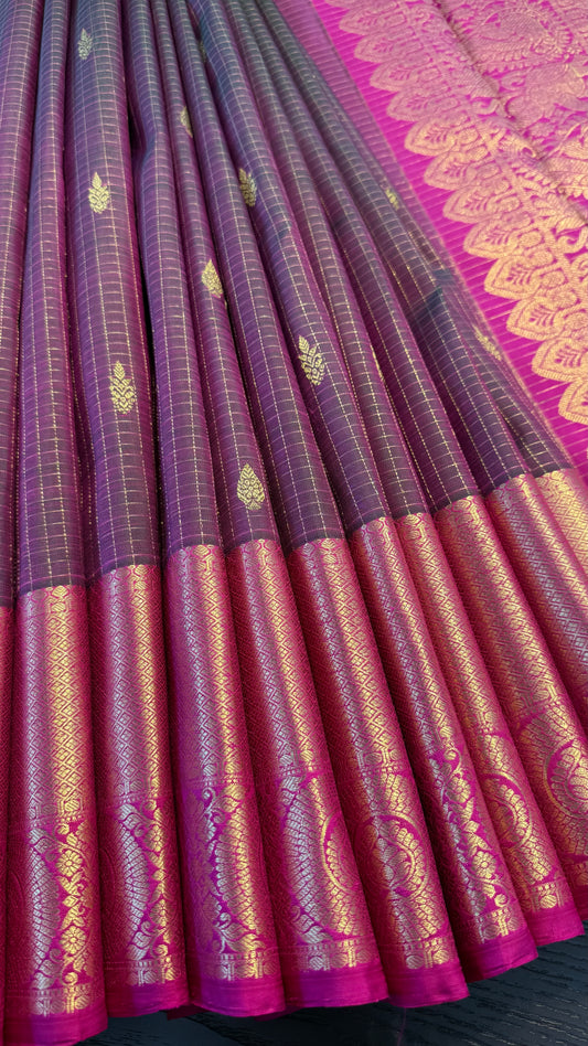 DUAL TONE GREEN PURPLE WITH CONTRAST PINK GOLD ZARI HANDLOOM KANCHIPURAM SILK SAREE (KSS283)