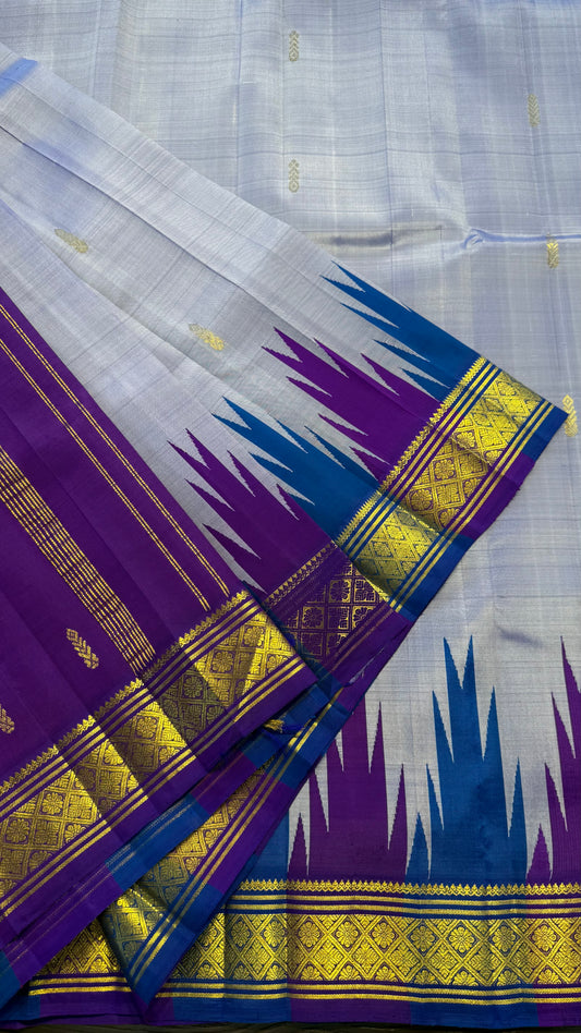 LILAC WITH CONTRAST PURPLE AND BLUE PURE HANDLOOM KANCHIPURAM SINGLE SIDE BORDER SILK SAREE (KSSB31)