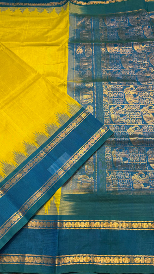 LEMON YELLOW WITH TURQUIOSE BLUE TRADITIONAL RETTAI PETTA BORDER HANDLOOM KANCHIPURAM SILK COTTON (KSC41)
