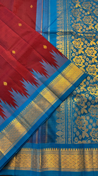 MAROON WITH CONTRAST BLUE PURE HANDLOOM KANCHIPURAM SINGLE SIDE BORDER SILK SAREE (KSSB30)
