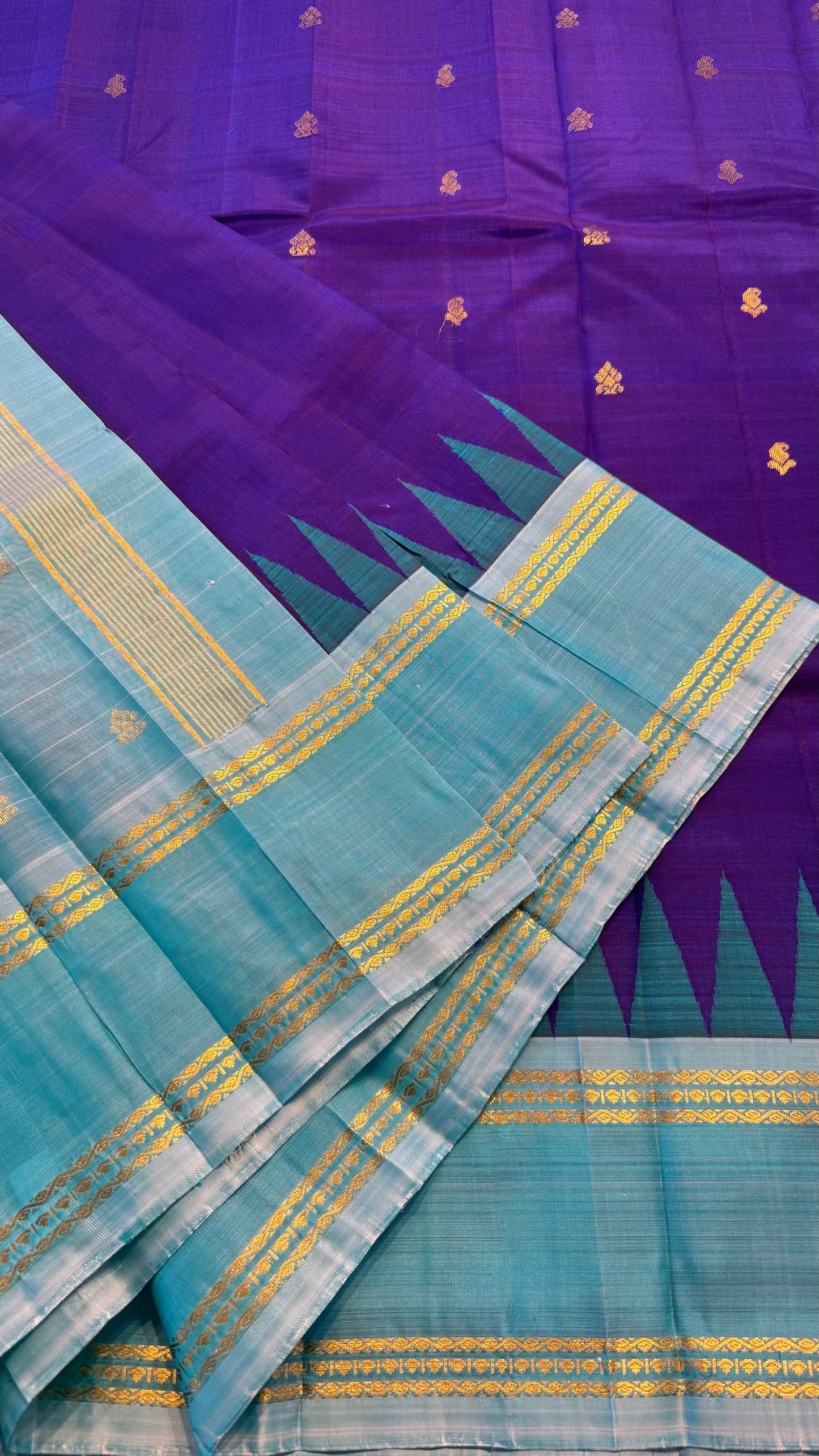 PURPLE WITH CONTRAST AQUA BLUE PURE HANDLOOM KANCHIPURAM SINGLE SIDE BORDER SILK SAREE (KSSB28)