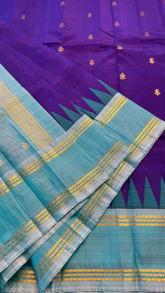PURPLE WITH CONTRAST AQUA BLUE PURE HANDLOOM KANCHIPURAM SINGLE SIDE BORDER SILK SAREE (KSSB28)
