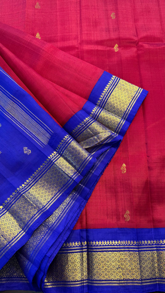 RED WITH CONTRAST PURPLE PURE HANDLOOM KANCHIPURAM SINGLE SIDE BORDER SILK SAREE (KSSB07)