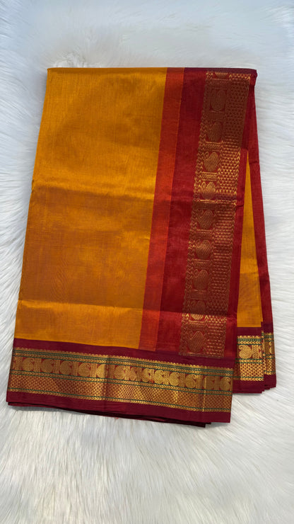 MANGO YELLOW WITH RED BORDER HANDLOOM KANCHIPURAM SILK COTTON (KSC66)