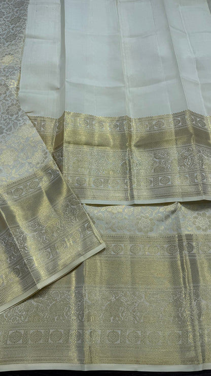 OFF WHITE GOLD ZARI PURE KANCHIPURAM HANDLOOM SILK SAREE SILK(KSS 597)