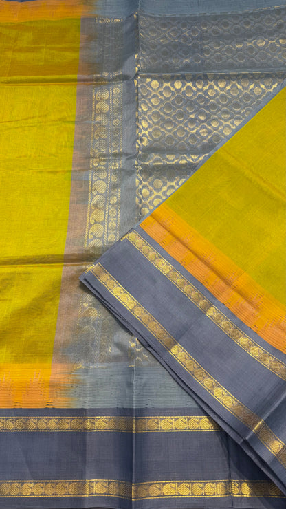 DUAL TONE OLIVE GREEN WITH GREY TRADITIONAL RETTAI PETTA BORDER HANDLOOM KANCHIPURAM SILK COTTON (KSC42)