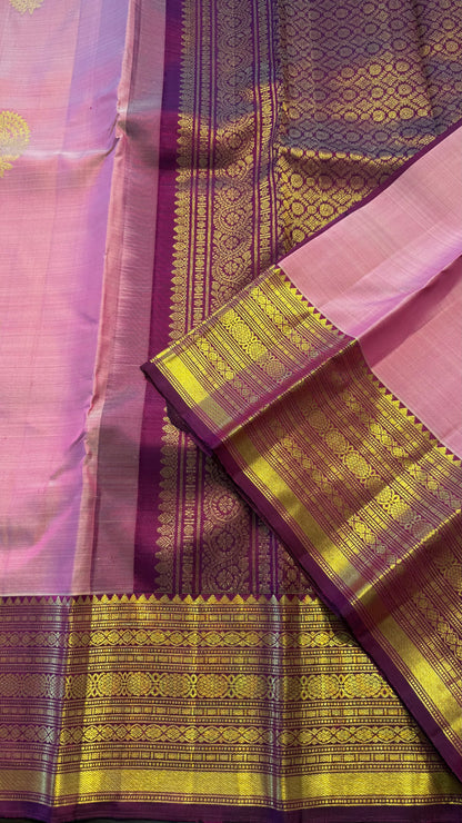 LIGHT PASTEL PINK WITH CONTRAST VADAMALLI PURPLE KANCHIPURAM HANDLOOM SILK SAREE (KSS402)