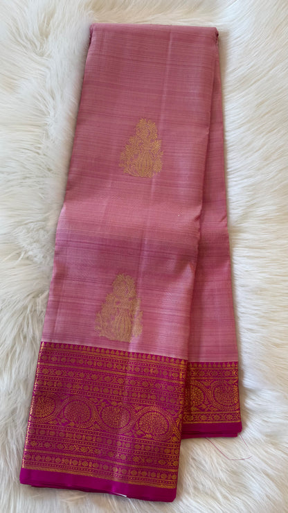 BLUSH PINK CONTRAST WITH MAGENTA GOLD ZARI PURE HANDLOOM  KANCHIPURAM SILK SAREE (KSS496)