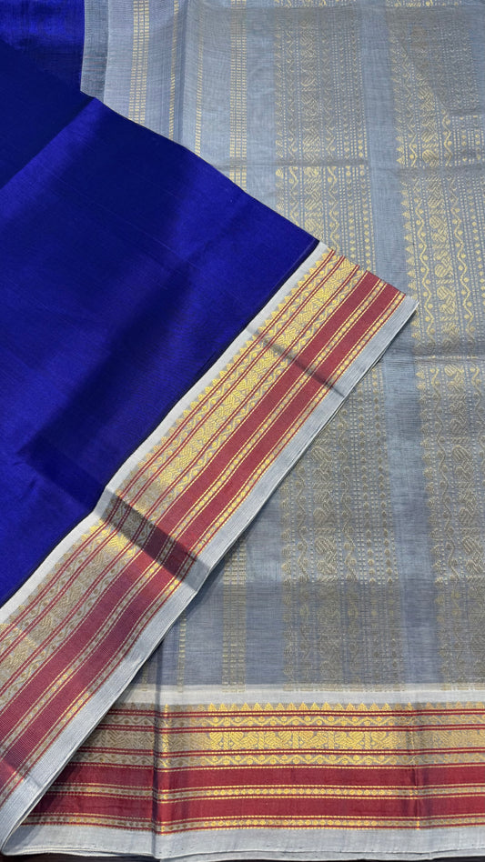 ROYAL BLUE WITH CONTRAST ASH GREY KANCHIPURAM SILK COTTON (KSC34)