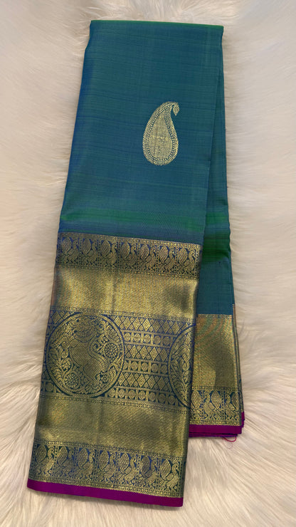 DUAL TONE PEACOCK BLUE & PURPLE HANDLOOM PURE KANICHIPURAM SILK SAREE (KSS414)