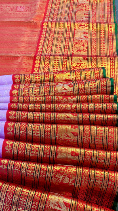 BRIDAL PASTEL LILAC PURPLE GOLD & SILVER ZARI HANDLOOM KANICHIPURAM SILK SAREE (KSS97)