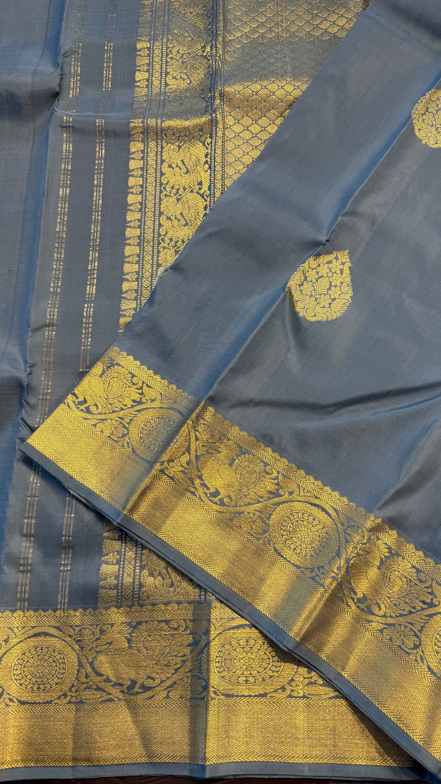 SATIN SOFT BLUE GOLD ZARI HANDLOOM KANCHIPURAM SILK SAREE (KSS355)