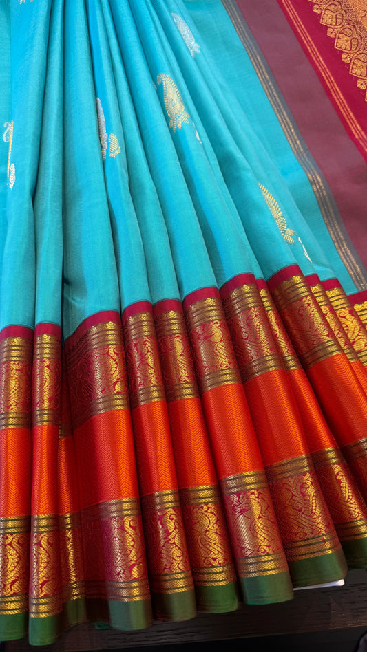 TEAL BLUE WITH CONTRAST ORANGE ZARI HANDLOOM KANCHIPURAM SILK SAREE (KSS 484)