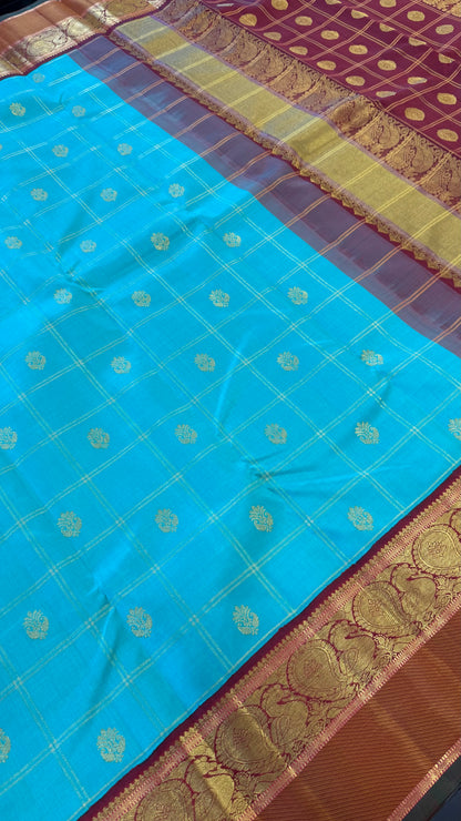 TURQUOISE BLUE CHECKED WITH CONTRAST MAROON GOLD ZARI HANDLOOM KANCHIPURAM SILK SAREE (KSS299)