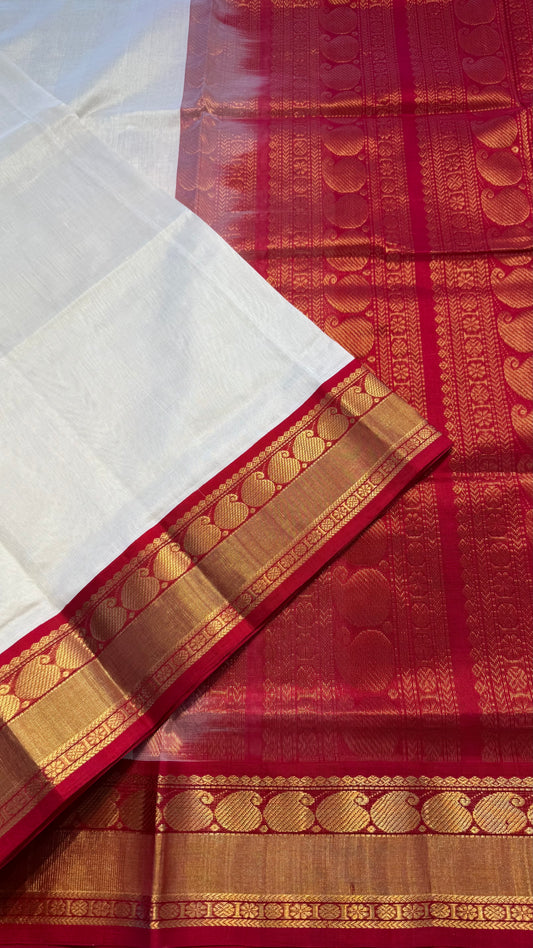 CREAM WITH RED BORDER HANDLOOM KANCHIPURAM SILK COTTON (KSC93)
