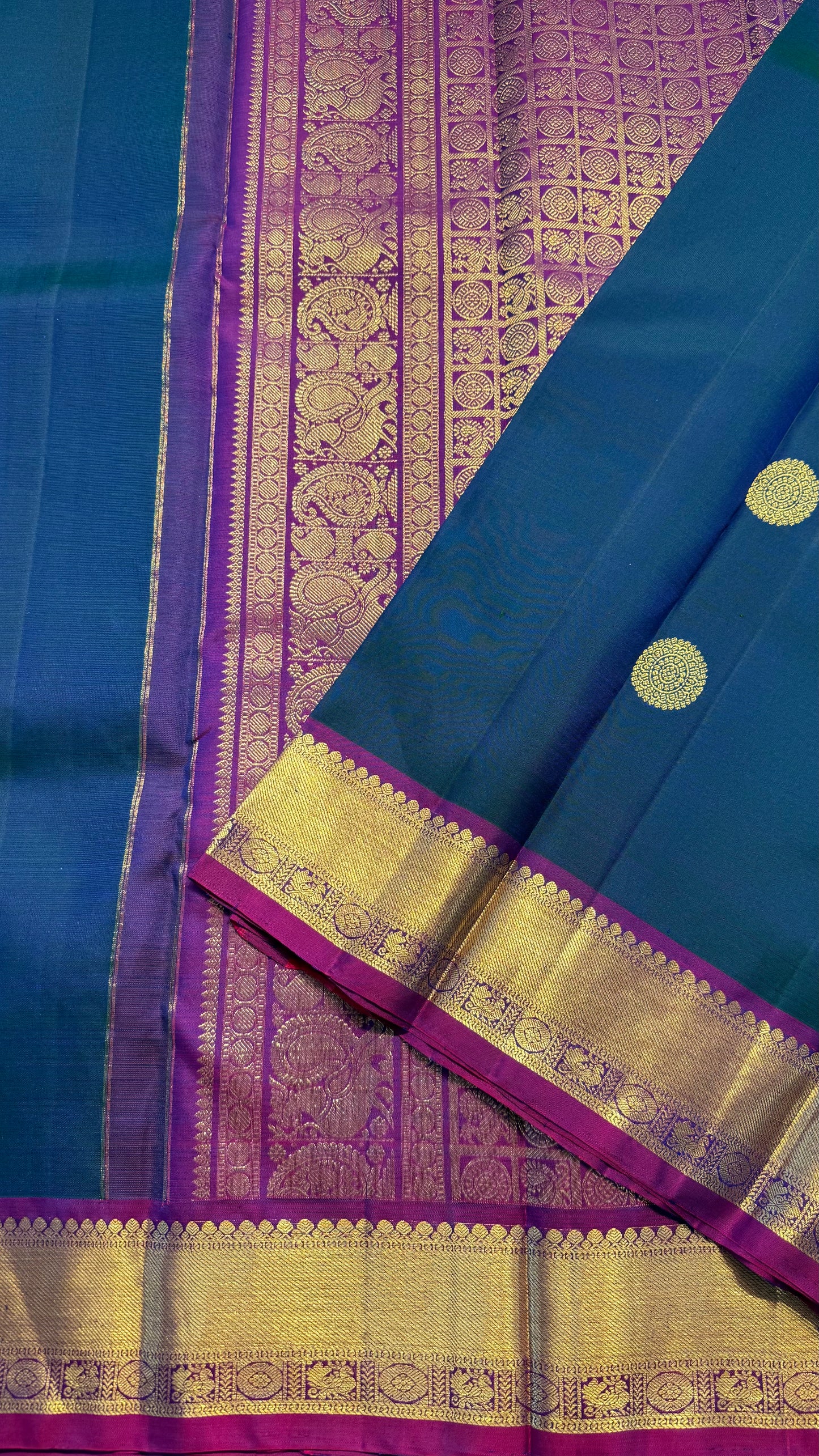 PEACOCK BLUE CONTRAST PURPLE GOLD ZARI HANDLOOM KANCHIPURAM SILK SAREE (KSS378)