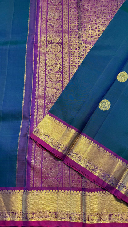 PEACOCK BLUE CONTRAST PURPLE GOLD ZARI HANDLOOM KANCHIPURAM SILK SAREE (KSS378)