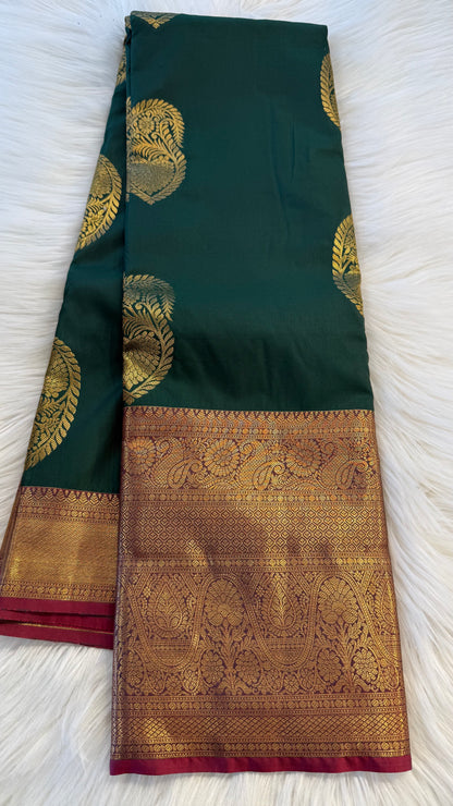 GREEN WITH CONTRAST PINK SILK KANICHIPURAM SILK SAREE (SSKS49)