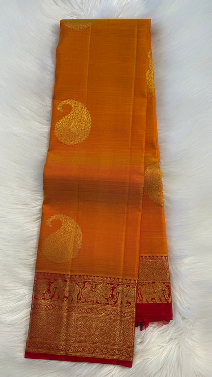 MANGO YELLOW WITH CONTRAST RED GOLD ZARI HANDLOOM KANCHIPURAM SILK SAREE (KSS406)