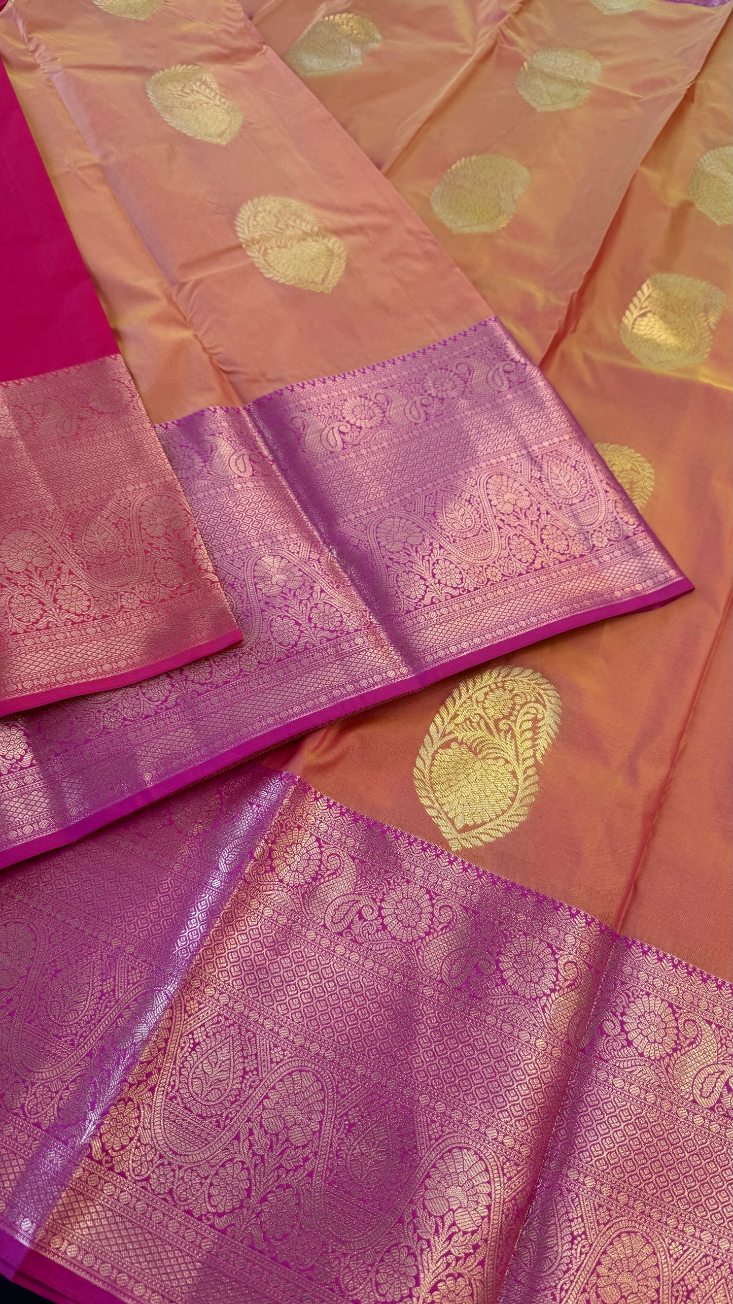 KANAKAMBARAM ORANGE WITH CONTRAST PINK SEMI SILK KANICHIPURAM SILK SAREE (SSKS02)