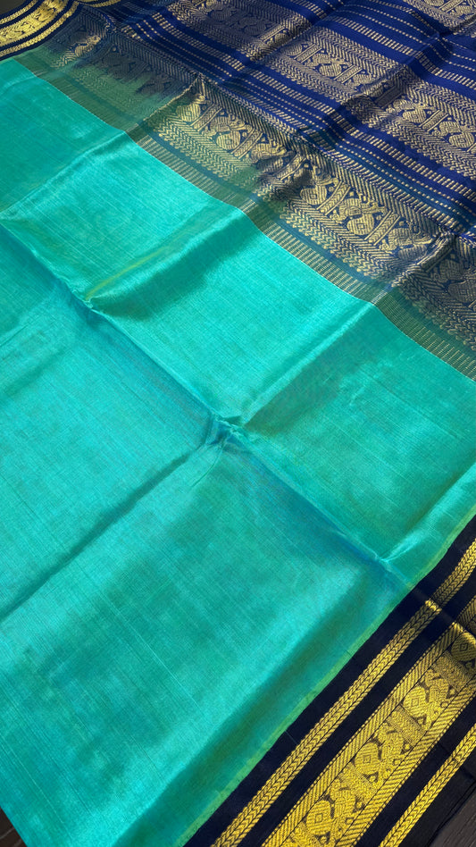 TEAL GREEN WITH DARK BLUE HANDLOOM KANCHIPURAM SILK COTTON (KSC126)
