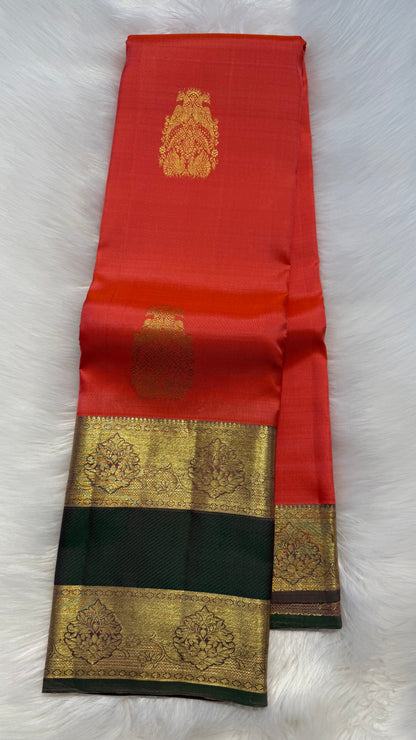 SALMON ORANGE WITH CONTRAST GREEN HANDLOOM KANCHIPURAM SILK SAREE (KSS359)