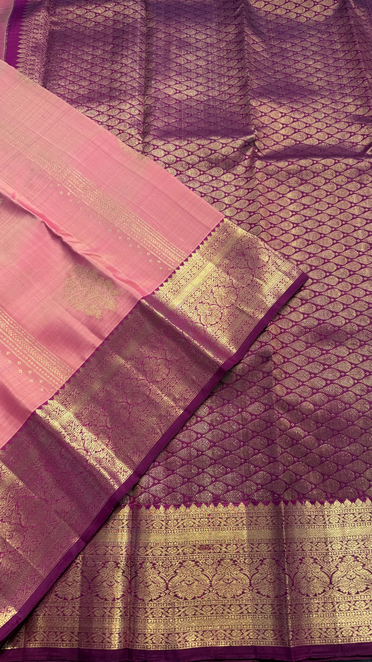 DUAL TONE PASTEL PINK WITH CONTRAST PURPLE KANCHIPURAM HANDLOOM SILK SAREE (KSS373)